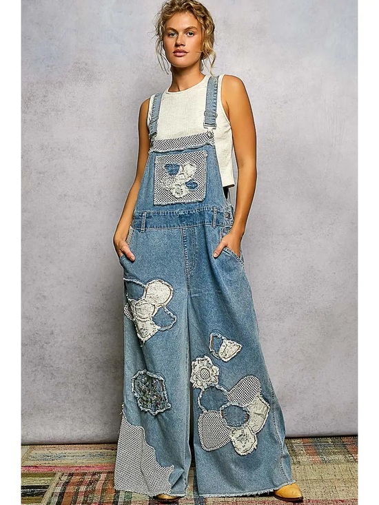 POL Denim - POL Embroidery Floral Patchwork Buckle Back Woven Denim Overalls - NWT - S M L